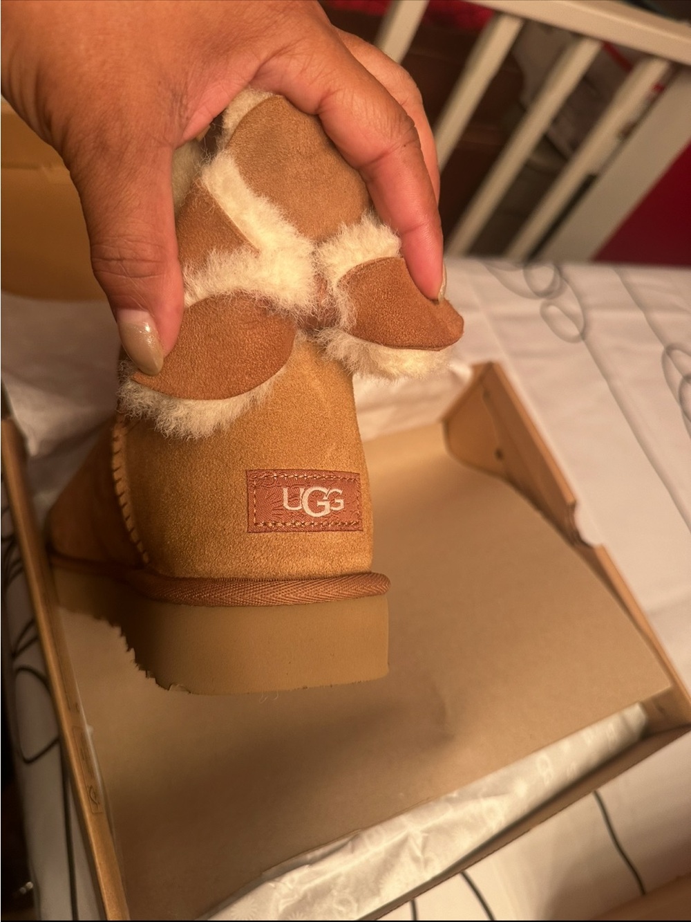 UGG Women Chestnut Suede Shearling Back-Bow Slipper Boot